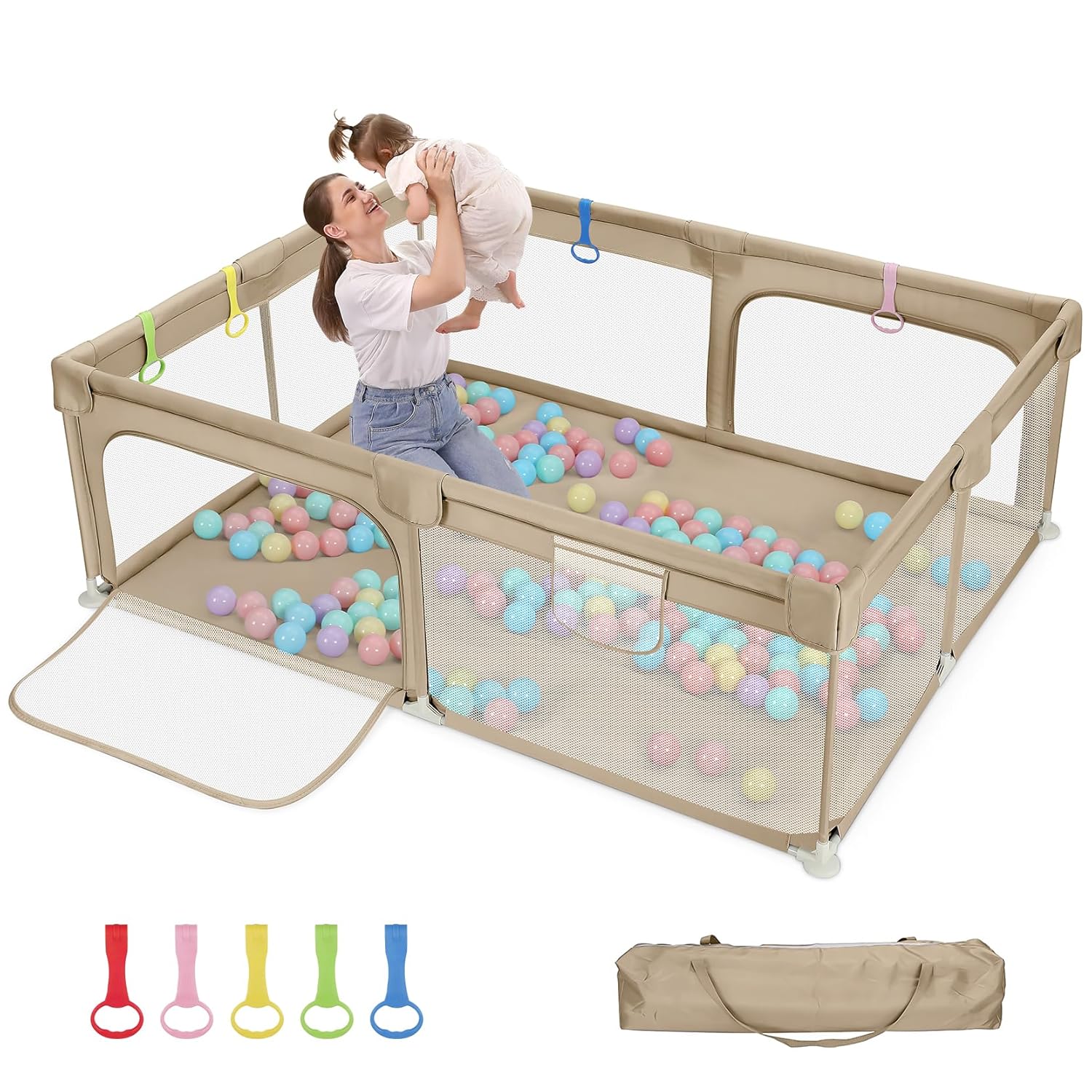 Dripex Large Baby Playpen — 71" × 59", Khaki